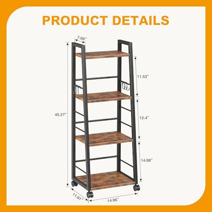 Homeiju 4 Tier Kitchen Storage Cart with Lockable Wheels & 6 Hooks, Mobile Utility Organizer Rolling Cart for Small Spaces, Bar Cart for Kitchen and Living Room, Rustic Brown