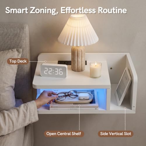 Afuly Floating Nightstand Set of 2 White Bedside Table with ChargingStation | Wall Mounted Side Table with Led Light Modern Minimalist End Table Small Hanging Storage Organizer for Bedroom, Apartment