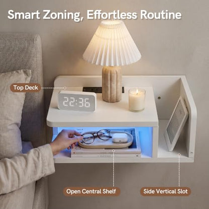 Afuly Floating Nightstand Set of 2 White Bedside Table with ChargingStation | Wall Mounted Side Table with Led Light Modern Minimalist End Table Small Hanging Storage Organizer for Bedroom, Apartment