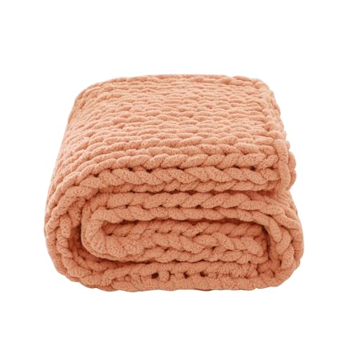 WESHIONGOO Chunky Knit Blanket Throw for Couch Bed 51"×63" Peach Fuzz | 100% Handmade Knitted Throw blanket Fluffy Soft Blanket with Jumbo Chenille Yarn Thick - color: Peach Fuzz, size: 51"x63"(Large Size Throw)
