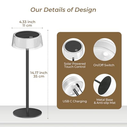 Lacasa Rechargeable Cordless Table Lamp, 2 PCS Battery Operated Solar Table Lamps Outdoor 4000mAh IP67 Waterproof, Portable Dimmable LED Desk Light Touch Lamp 3000-6000K for Living Room Bedroom Garden