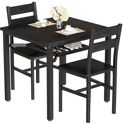 Hooseng 3 Piece Dining Table Set for 2, Small Wooden Kitchen Table with Storage, Farmhouse Square Dinette Set for Dining Room, Breakfast Nook, Apartment, Small Space - color: Black
