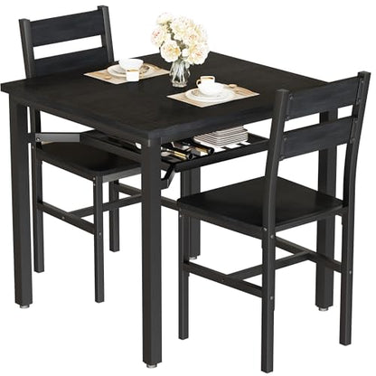 Hooseng 3 Piece Dining Table Set for 2, Small Wooden Kitchen Table with Storage, Farmhouse Square Dinette Set for Dining Room, Breakfast Nook, Apartment, Small Space - color: Black