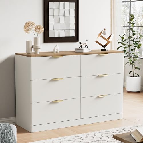 6 Drawer Dresser for Bedroom, 47.2" Wide Modern Chest of Drawers with 6 Large Storage Space with Curved Edge Design, Large Dresser w/Gold Metal Handles for Bedroom,White & Brown - color: White & Brown, size: 15.7"D x 47.2"W x 31.5"H (6 Drawers)