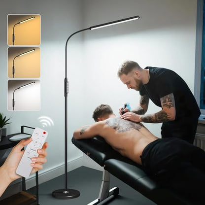 Bright LED Eye-Protecting Reading Floor Lamps Touch and Remote Dimming 3000-6000k, Tattoo Craft Drawing Makeup Adjustable Gooseneck Standing Light,Living Room Chair Sofa Bedroom Office - color: New Black
