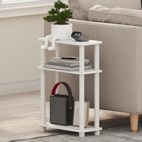 Furinno Turn-N-Tube Narrow Side Table, 3-Tier Rectangular Modern End Table with Storage Shelf, Slim Toolless Assembly Nightstand, Night Stand, Bedside Table, for Living Room, Bedroom, White - color: White/White