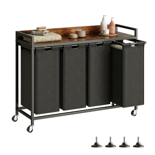 Herture Laundry Hamper with Shelf, Laundry Basket 4 Section, Laundry Sorter with Pull-Out Removable Large Bags and Movable Wheels, Metal Frame, 4 x 15.87 Gallons (60L), Rustic Brown + Black PF07XLY - color: Rustic Brown + Black, size: 4 Bags-240 L