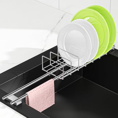 Expandable Over the Sink Plate Drying Rack with Dish Cloth Holder, Small Metal Dish Dryer Rack, Space-Saving Sink Drainer for Plates, Dish Rags, Sponges, Brushes, and Bottles (Silver)