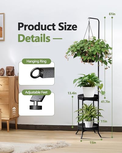 RINBOU Hanging Plant Stand Indoor Outdoor, Space-Saving Corner Metal Plant Shelf 3 Potted Flower Pot Stand, 2 Tier 61" Tall Modern Planter Holder for Patio Garden Balcony Living Room Bedroom, Black