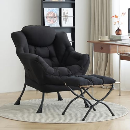 Lazy Chair with Ottoman, Comfy Accent Reading Chair, Black | Foldable Footrest,Removable Cover,with Armrests and Side Pockets,Upholstered Lounge Chair for Bedroom,Dorm,Office,Small Space - color: Black