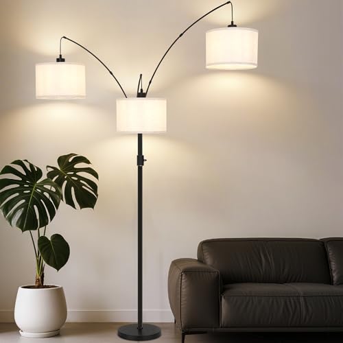 AHDWDW Dimmable Arc Floor Lamp-3 Lights Floor Lamps for Living Room,Modern Tall Standing Lamp with Beige Drum Shades&Heavy Base,Mid Century Tree Floor Lamp for Bedroom Corner Office,Bulbs Included - size: A