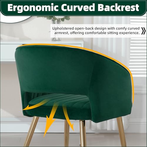 Velvet Home Office Desk Vanity Chair, No Wheels, Gold Legs, Green | Modern Accent Chair with Stylish Stripe Design, Spacious‌ Soft Seat for Girls & Women Bedroom Makeup or Nail Table - color: Green Velvet, No Wheels