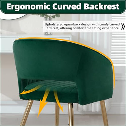 Velvet Home Office Desk Vanity Chair, No Wheels, Gold Legs, Green | Modern Accent Chair with Stylish Stripe Design, Spacious‌ Soft Seat for Girls & Women Bedroom Makeup or Nail Table - color: Green Velvet, No Wheels