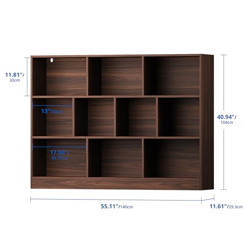 Brown Bookshelf, 3-Tier Open Shelf Bookcase, 10 Cube Storage Organizer with Anti-Tilt Device for Bedroom, Living Room, 55.11" W x 11.61“D x 40.94“H - color: Brown, size: 55.11"W x 40.94"H