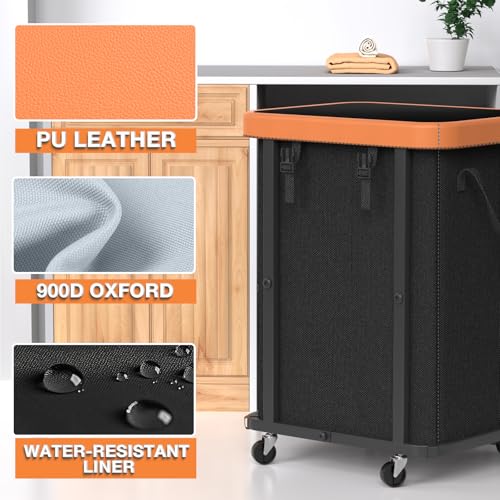 Laundry Hamper with Wheels,150L Leather Patchwork Clothes Hamper Black | Rolling Laundry Basket with Sturdy Metal Frame, Removable Washable Bag,Tall Clothes Sorter for Bedroom, Laundry Room, Dorm - color: Black, size: 1 Section-150L