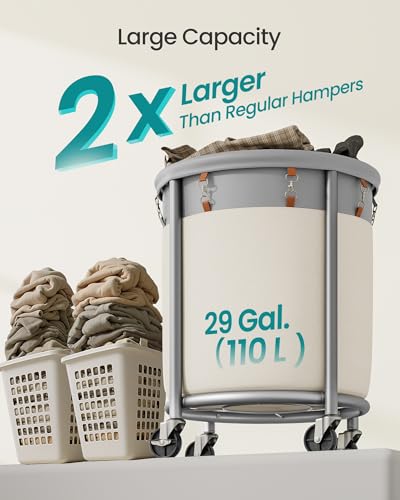 SONGMICS Laundry Basket, Rolling Steel Frame with 2 Locking Wheels, 110 L | Heavy-Duty Laundry Hamper Cart with Removable Bag, Dove Gray and Cream White, URLS002GD02 - color: Dove Gray + Cream White, size: 110 L (1-Section)