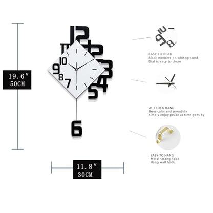 FLEBLE Wall Clock for Living Room Decor Kitchen Office Home Decor Gift | MDF & Metal Battery Operated Easy to Install Modern Decorative Art Analog Silent Non-Ticking Easy to Read - White 11.8x19.6in - size: Small