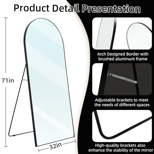 ZHUNFA Arched Full Length Mirror, 71x32 Big Oversized Mirrors with Stand | Aluminum large mirror full length, Floor Standing Mirrors for Bedroom, living room decor, Black - color: Black, size: 71"L x 32"W