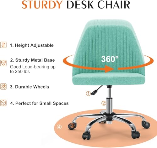 Simple Deluxe Armless Office Desk Chair, Modern Cute Swivel Vanity Chair Comfy Home Office Chairs with Wheels Height Adjustable Rolling Computer Task Stools for Living Room, Make-up, Bedroom, Teal - color: Teal