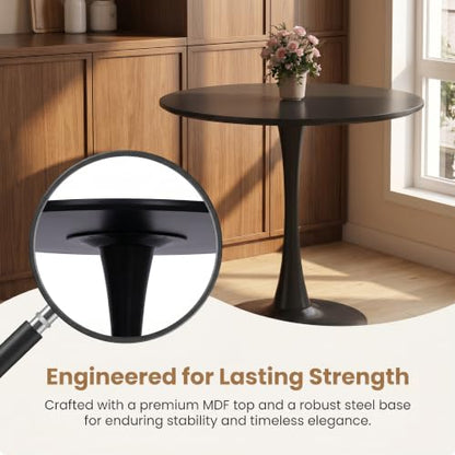 Small Round Dining Table 32" Tulip Table with Metal Pedestal, Black | Tulip Table with Metal Pedestal & Thick MDF Top, Mid Century Small Bistro Table for Kitchen & Living Room - color: Black-b, size: 31.5"D x 31.5"W x 29.1"H