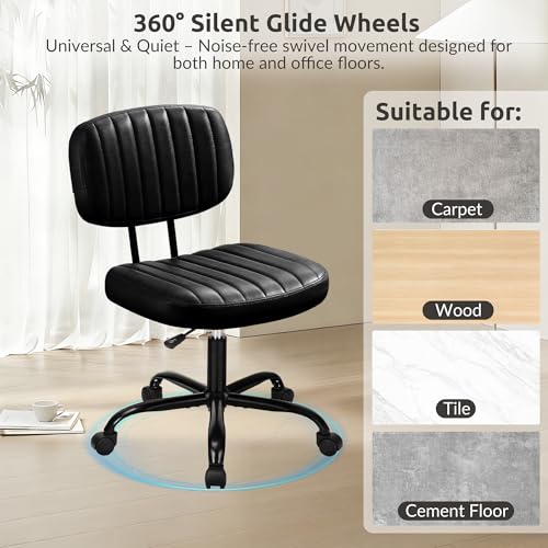 Swivel Rolling Office Chair, Armless Pu Leather Vanity Chair with Back Lumbar Support Height Adjustable Computer Chair, Small Desk Chair for Home Office, Black - color: Black