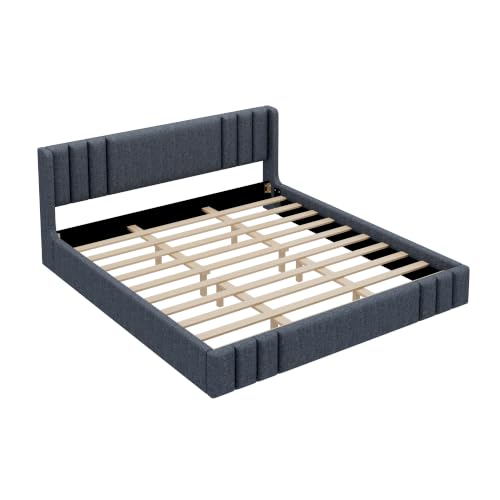 VilroCaz King Size Linen Upholstered Platform Bed Frame with Thick Fabric Headboard, No Box Spring Needed (Gray-6.17, King) - color: Gray-6.17, size: King