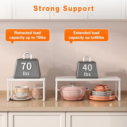 Shelf Organizer Riser For Cabinet Pantry Kitchen Countertop Cupbaord Closet | Expandable Width, Adjustable Height, Stackable As 2-Tier Shelf Rack, Snap-Button: Easily Adjust Height, Heavy Duty Metal - color: White-1 Pack