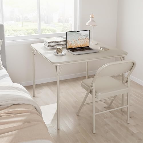 Folding Card Table and Chair Set of 5, No Assembly Required, Beige | Portable Square Card Table with 4 Padded Chairs, Foldable Chairs and Tables for Home, Indoor and Outdoor, Space-Saving