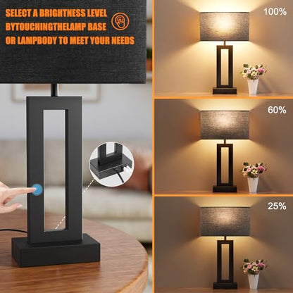 Seealle Nightstand Table Lamps for Bedrooms Set of 2 - Touch Bedside Lamp with USB C+A, 3 Way Dimmable Living Room End Tables 2, Modern Night Stand Bed Side Guest Room(Black) E. Black - color: E. Black&Black, size: Medium(19.6in)