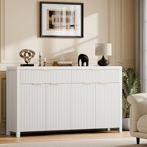 55" Sideboard Buffet Cabinet with Storage for Kitchen, White | Adjustable Shelves, Quiet Full-Extension Slides, Curved Metal Handle, Coffee Bar with Drawers for Dining Room, Entryway - color: White, size: 13.8"D x 55.09"W x 32.8"H