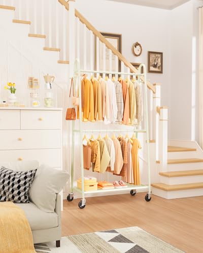 Sakugi Clothes Rack 36.5" x16.9" x72.8" Beige Double Rod Mesh Shelf | Heavy Duty,Bedroom, Closet, Triangular Design, Freestanding, Metal Construction - color: Beige