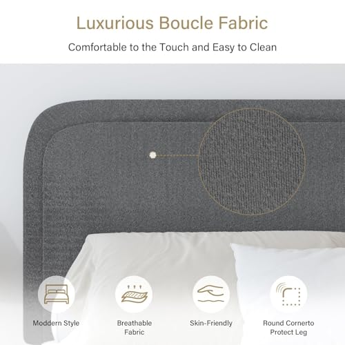 BarnFurin Queen Bed Frame, Cloud Boucle Headboard, Low Profile, Dark Grey | Soft boucle and rounded edges create a low-profile cloud look. Wooden slats support the mattress without a box spring - color: Dark Grey, size: Queen