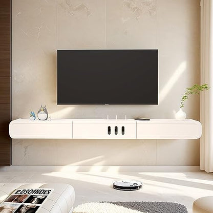 Floating TV Stand in Solid Wood, 71'' High Gloss Wall Mounted TV Cabinet, Floating TV Shelves with Door & Drawers, Modern Entertainment Media Console Center Large Storage Under TV - size: 70.86''