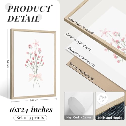 Nursery Flower Wall Art Girl Floral Canvas Wall Decor Boho Wildflower Art Poster Pink Bow Pictures Nursery Floral Prints Vintage Botanical Artwork for Girls Room Bedroom 16x24 Inch Wood Framed 3Pcs - color: Girls Floral Art, size: 16''x24'' Framed