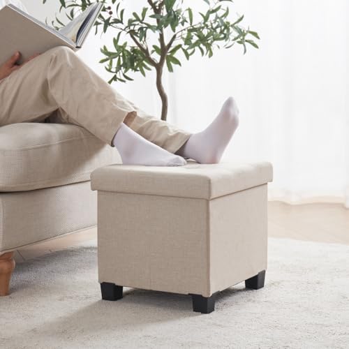 Ornavo Home 15" Square Folding Storage Ottoman Cube with Legs, Beige | Small Linen Storage Ottoman; Fits Compact Spaces; Ideal for Bedroom or Living Room