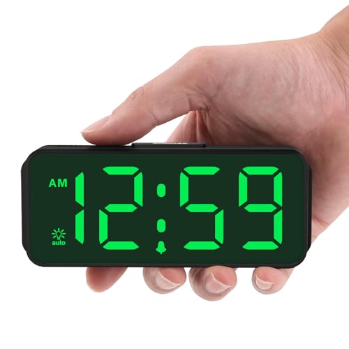 Peakeep Small Slim Digital Alarm Clock Battery Operated for Bedrooms Travel | Cordless Compact Portable Desk Clock, Large Numbers Auto Dimmable, LED Display 4 Dimmers, 5 Alarm Volumes - color: Green Digits