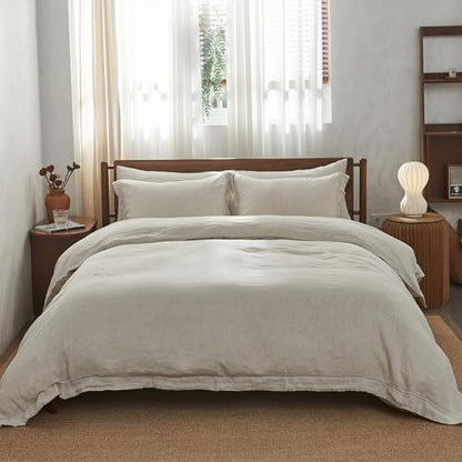 Simple&Opulence 100% Washed Linen Duvet Cover Set with Embroidered,3 Pieces Soft Farmhouse Comforter Set with Button Closure,1 Duvet Cover and 2 Pillowshams(Queen,Natural Linen) - color: Embroidery Linen, size: Queen