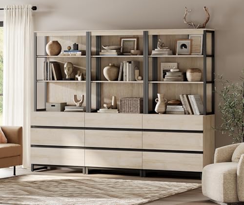 WAMPAT 3 PCS Modern 72" Tall Bookshelf with 6 Drawers and Open Book Shelves, Library Bookcase with Storage Cabinet and Metal Base, Wood Freestanding Bookshelves for Home Office, Living Room, Beige - color: Beige-b, size: 3 PCS