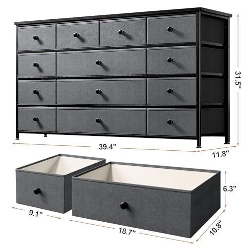 EnHomee Dresser TV Stand with 13 Fabric Drawers for 45 Inch TV, Grey | Waterproof Wooden Top, Sturdy Metal Frame, Dual-Size Drawers for Classified Storage, Easy Assembly, Suits Bedroom, Entryway - color: Grey