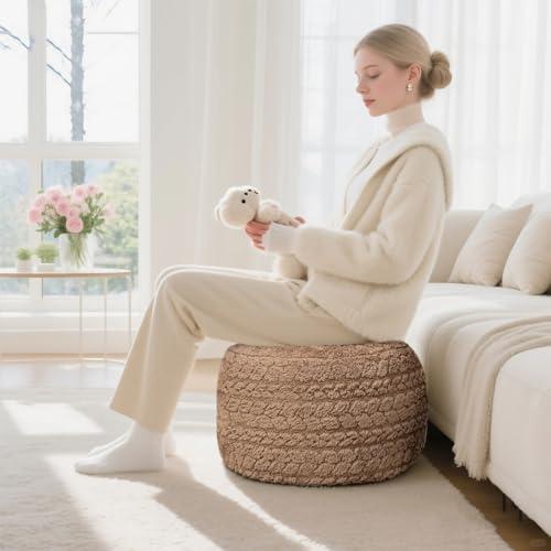 Poofieotto Round Pouf Ottoman Footstool 20x14In Ottoman Couch Footrest Tan | All-One Foam Pouf, Ottoman Coffee Table,Couch Foot Rest,Chair Footrest,Remov. Cover, Perfect for Living Room, Bedroom & Dorm - color: Tan