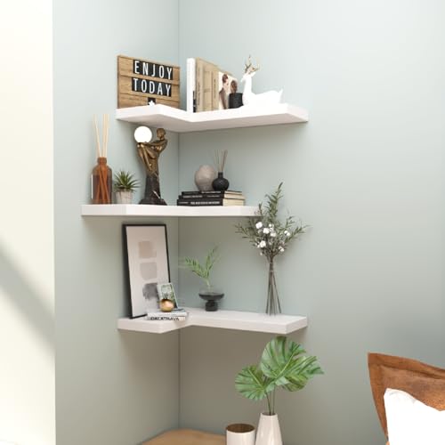 Floating Corner Shelves Wall Mounted with Invisible Brackets Set of 3 | 16.1" x 11.5", For Home Bedroom Bathroom Kitchen Living Room Office - Pure White - color: Pure White