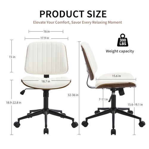VipDesk Small Home Office Chair - Armless Mid Back Desk Chair with 360° Swivel and Wheels, PU Upholstered Height Adjustable Modern Walnut Computer Chair for Home, Office Meeting Room - White - color: White, size: Classic