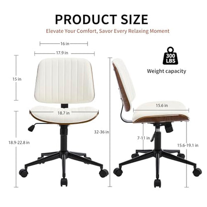 VipDesk Small Home Office Chair - Armless Mid Back Desk Chair with 360° Swivel and Wheels, PU Upholstered Height Adjustable Modern Walnut Computer Chair for Home, Office Meeting Room - White - color: White, size: Classic