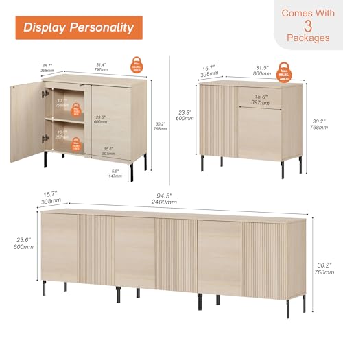 WAMPAT 3 in 1 Modern TV Stand TVs up to 100 inches,Fluted 94.5" W Entertainment Center with 6 Doors Storage and Adjustable Shelves, Wood Media TV Consoles Table with Storage for Living Room, Beige - color: Beige, size: 94.5" W