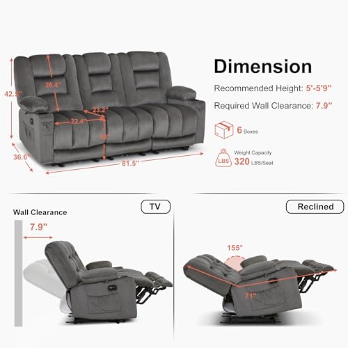 MCombo 82 in 3 Seater Reclining Sofa with Heat and Massage PR647 (Grey) | 155° Zero Gravity, Reclining Middle Seat, Dual Charging Ports, Cup Holders, FSC & OEKO Certified - color: Grey, size: 3 Seater Recliner with Zero Gravity