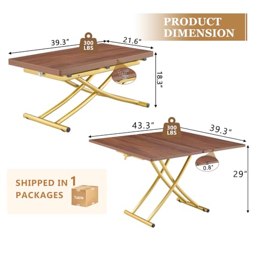 Adjustable Height Coffee Table, Folding Dining Table, Walnut&Gold | Convertible lift top table for use as a coffee table, dining table, home office desk or vanity - color: Walnut & Gold Legs