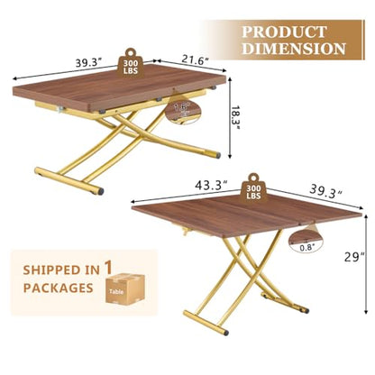 Adjustable Height Coffee Table, Folding Dining Table, Walnut&Gold | Convertible lift top table for use as a coffee table, dining table, home office desk or vanity - color: Walnut & Gold Legs
