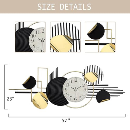 ERMOFAV Metal Wall Art, Black and White Decor for Living Room, Abstract Modern Creative Geometric Round Art Decor 57" × 23" Large 3D Wall Clock for Bedroom, Dining Room, Home Hanging Wall Sculpture