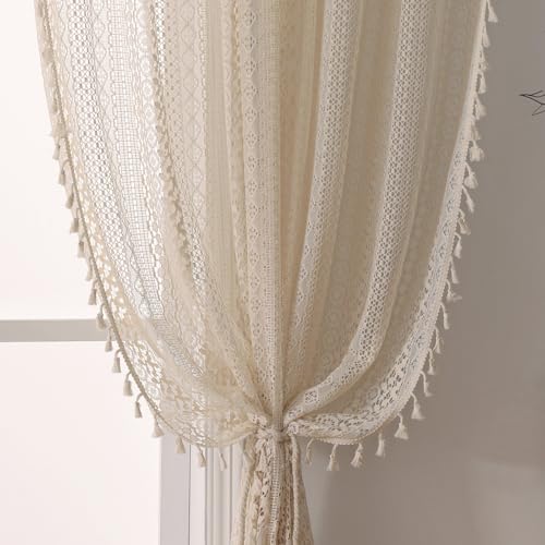 WAZZIO Boho Crochet Curtains for Living Room Lace Curtains 84 Inches Long 2 Panel, Rod Pocket Vintage Tassel Bohemian Decor Geometry Striped Light Filtering Semi Sheer Curtain Drapes for Bedroom,Beige - color: Beige, size: 59"W x 84"L (Pack of 2)