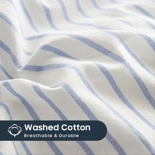 Wake In Cloud - Striped Cotton Duvet Cover Set, Ticking Stripe Vertical Pinstripe Farmhouse, 100% Washed Cotton Textured Bedding Set, 3 Pieces, Blue White, Full Size - color: Blue White, size: Full
